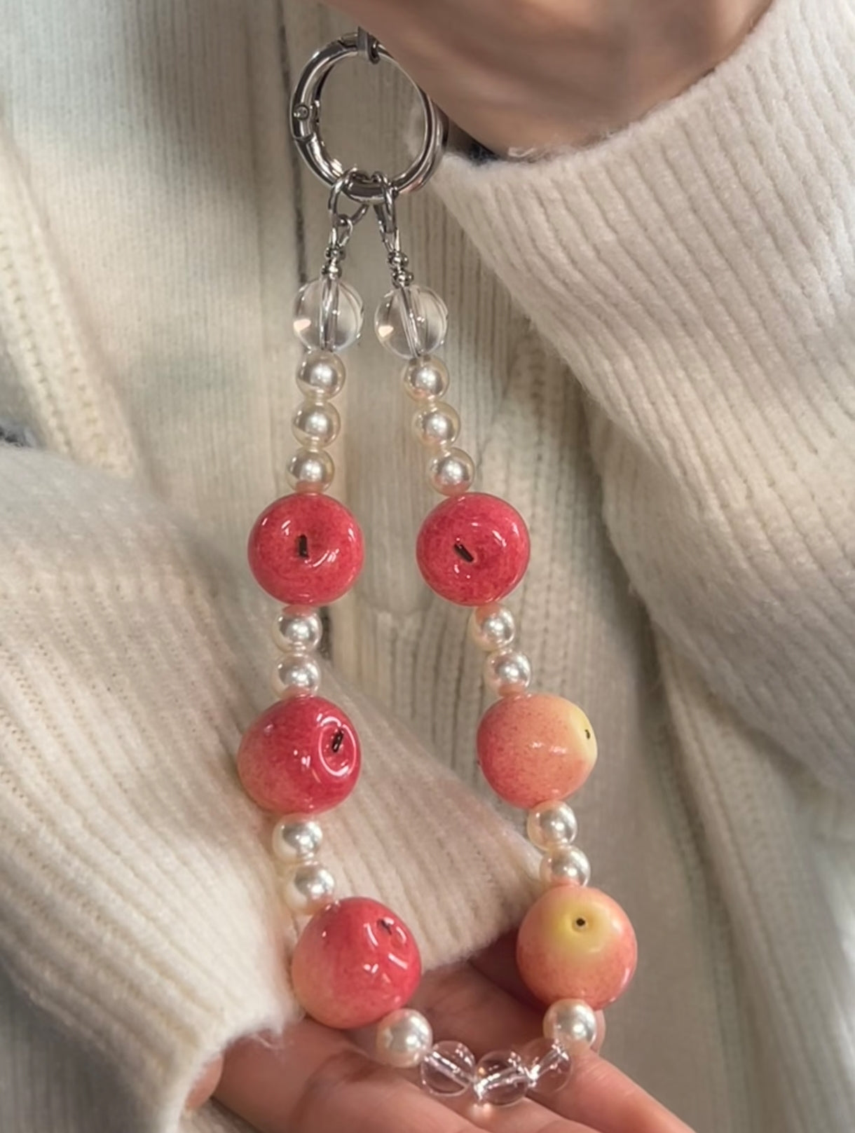 Mini Pink Apple & Pearl Phone Charm