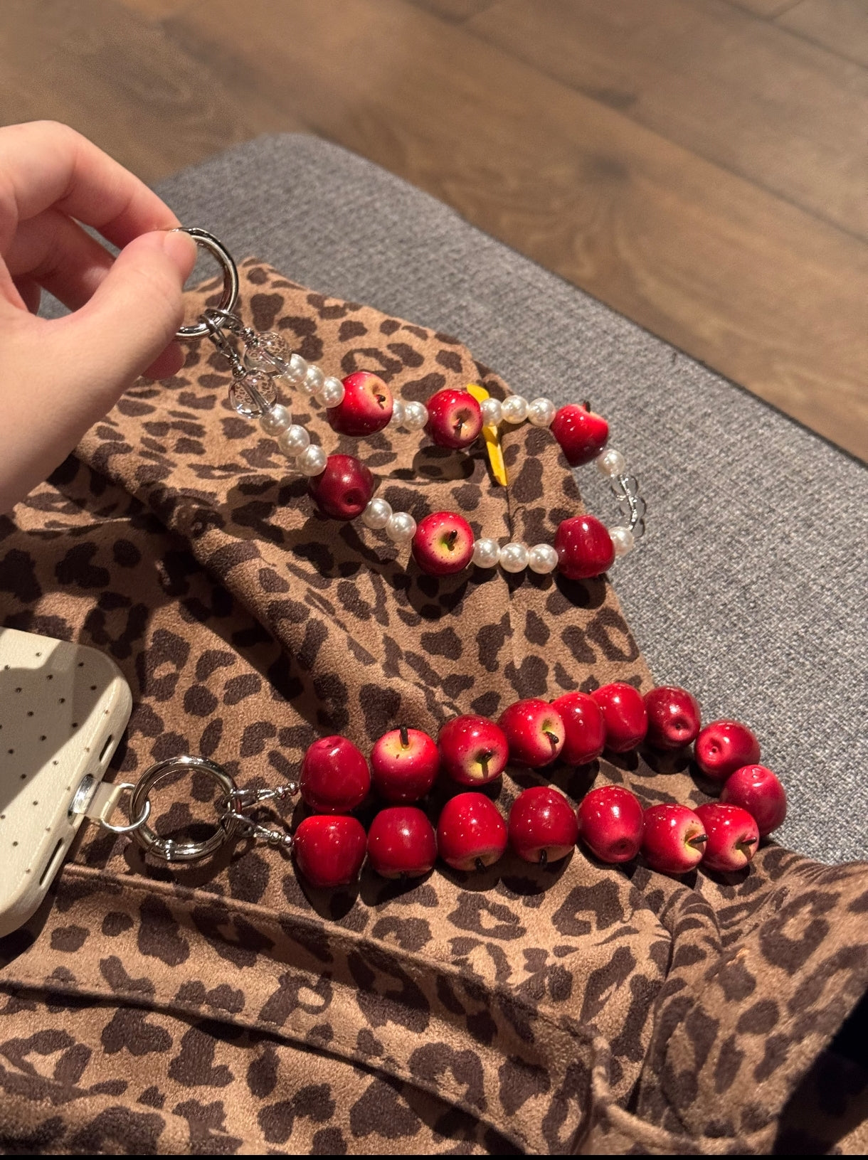 Mini Dark Red Apple & Pearl Phone Charm
