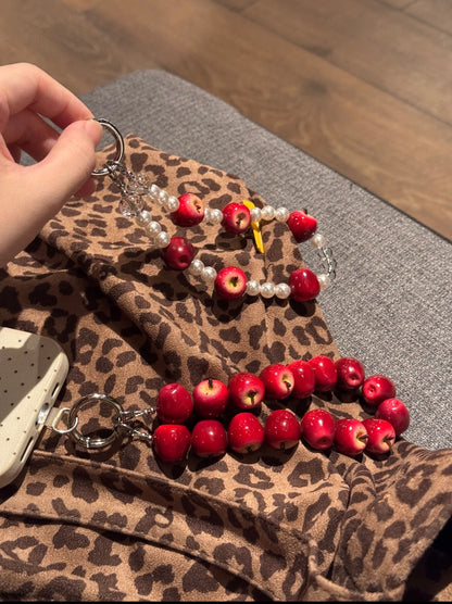 Mini Dark Red Apple & Pearl Phone Charm